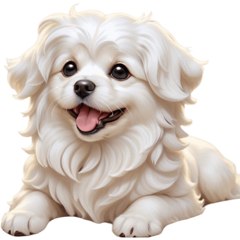 Cinematic Cute Yawning Wavy-Haired Maltese dog Portrait Emoji, Head tilted slightly with a dramatic, wide-open yawn, showcasing a lustrous, wavy-haired white coat with gentle highlights, floppy ears slightly drooping, round dark eyes barely open in drowsy contentment, Simplified yet irresistibly adorable features, highly detailed, glowing with a soft, cozy glow, high shine, relaxed yet expressive, stylized with a touch of whimsy, bright and endearing, soft glowing outline, capturing the essence of a sleepy yet affectionate companion, so drowsy it feels like it could stretch right out of the screen and curl up for a nap! emoji