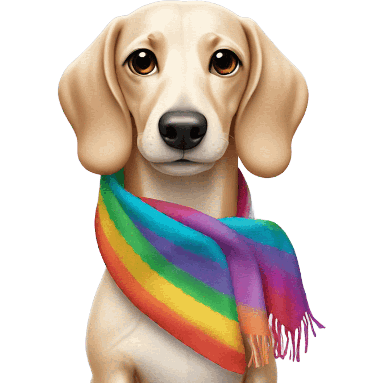 Cream colored Sausage dog wearing rainbow scarf emoji