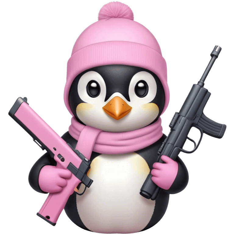 penguin wearing light pink ski mask holding a light pink gun emoji