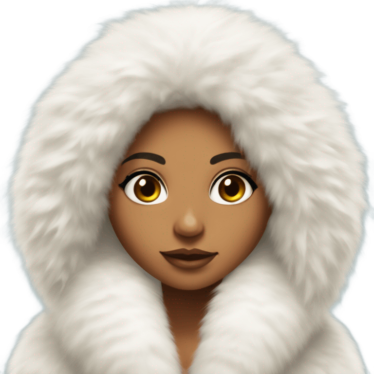 Tanned Girl with lashes ,  in an extremely big fluffy oversized white fur coat with hood on. The fur is real and it’s very obvious big and fluffy like in Pinterest  emoji