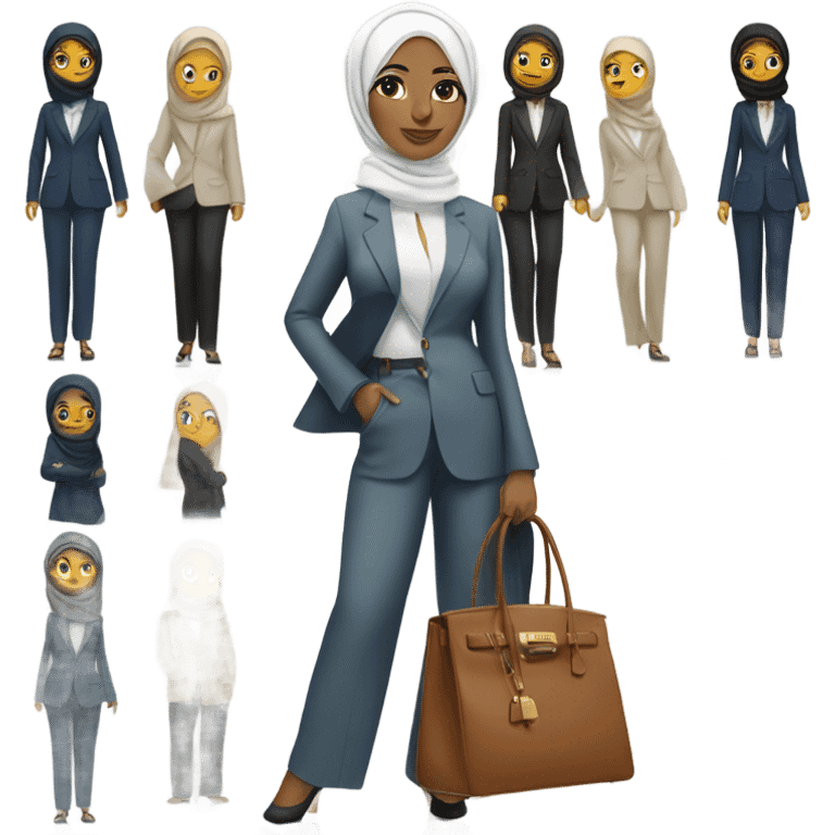 Rich hijabi woman wearing a blazer and pants with a birkin emoji