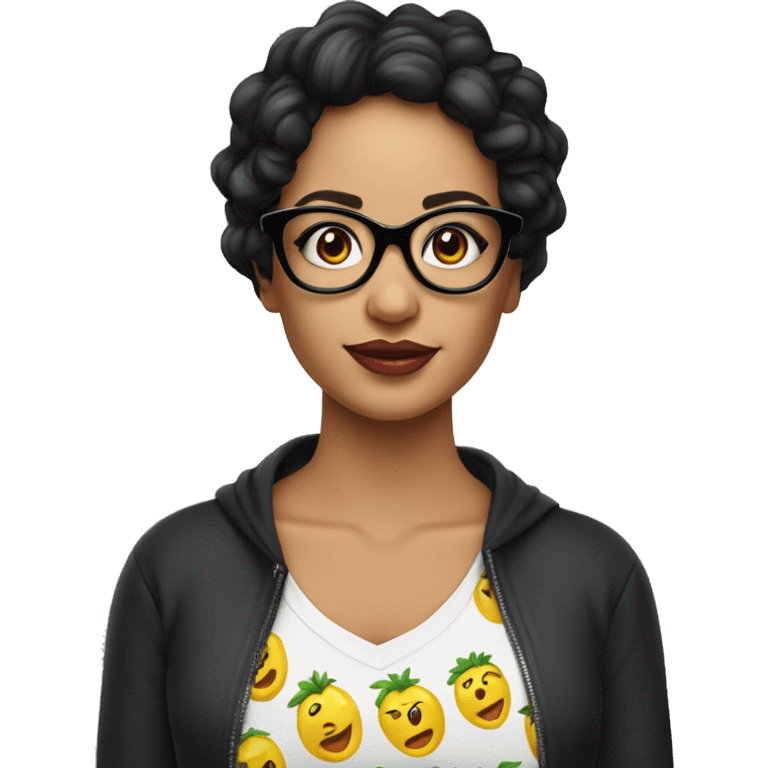 Mujer morena cabello negro con lentes y maquillaje con camiseta emoji