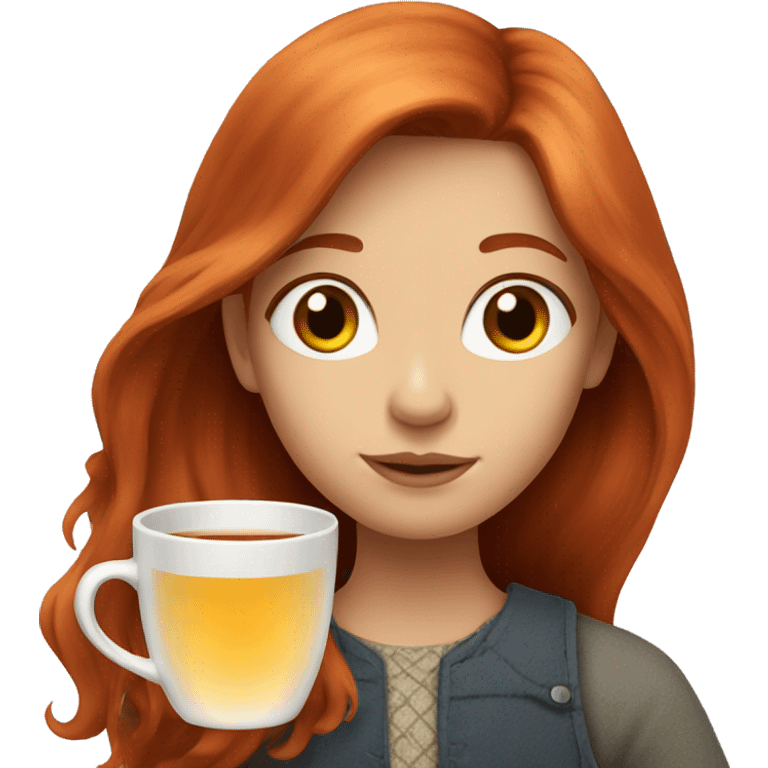 A red-haired girl with long hair and a cup of tea emoji