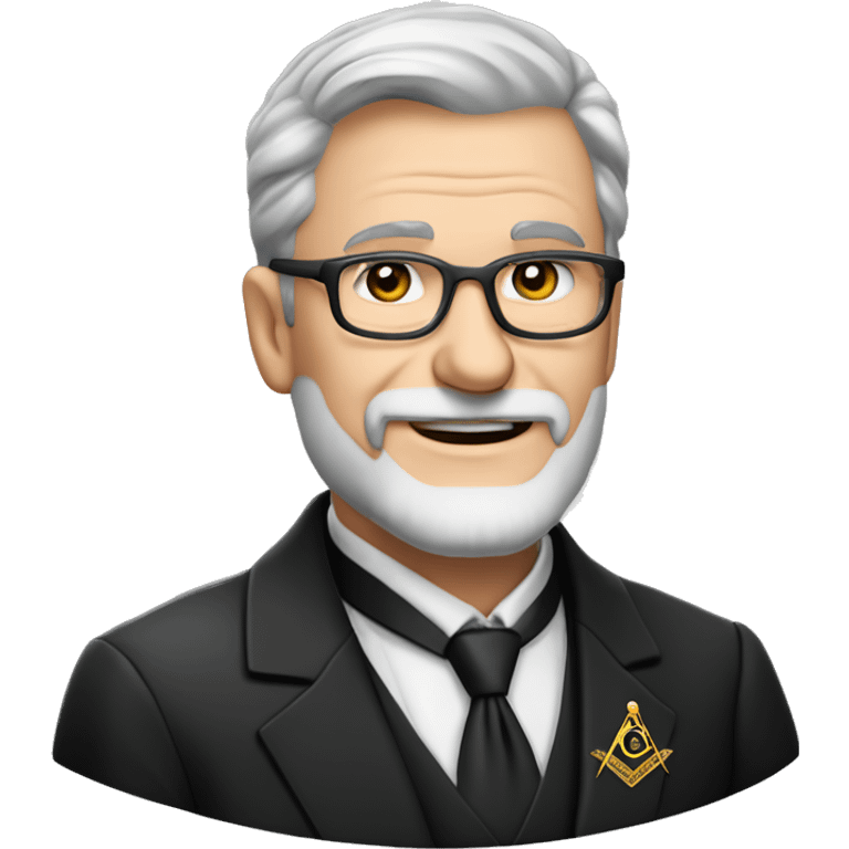 60 year old Caucasian male with grey hair, glasses and a grey goatee beard wearing a black dinner suit with a Masonic emblem on the left lapel. Make the man's face rounder emoji