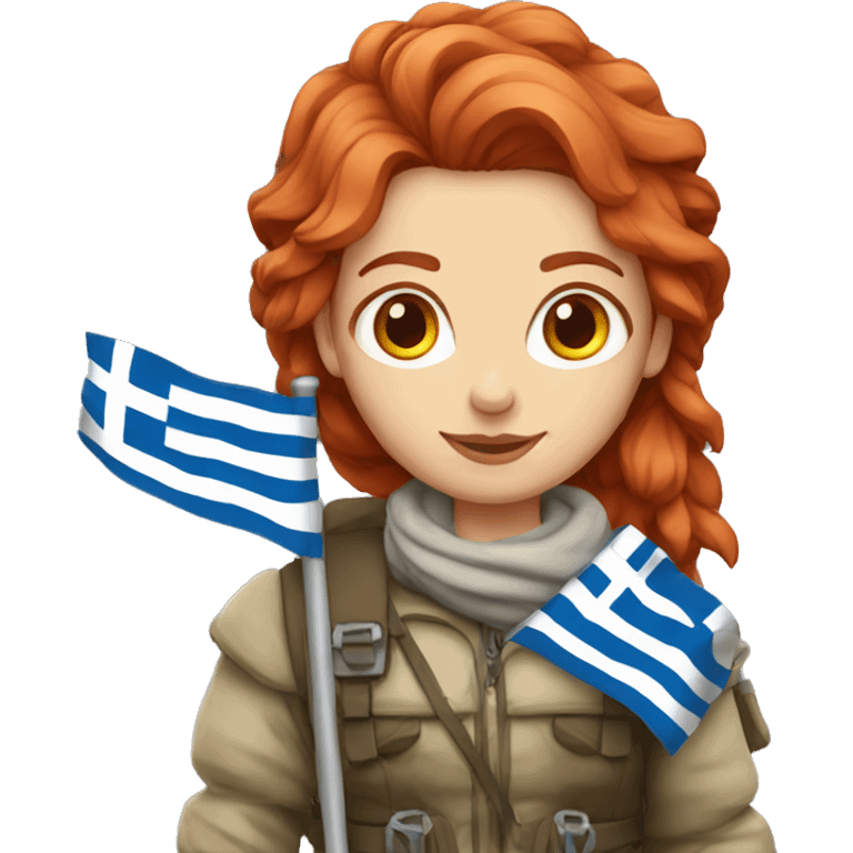 female winter mountaineer red hair holding greek flag emoji