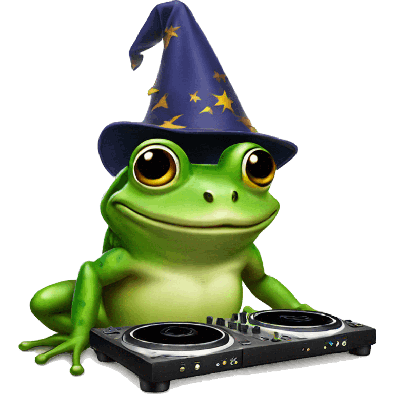 Frog DJing with a wizard hat emoji