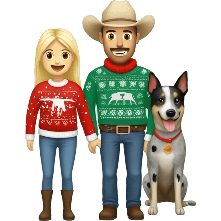 Blue heeler and a blonde girl and cowboy dad all in Christmas sweaters emoji