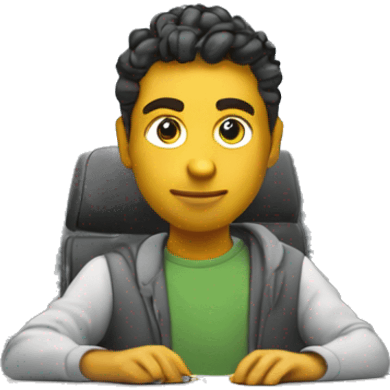 Developer at a desk with monitors showing code, wearing casual clothes, in a modern office with natural light emoji