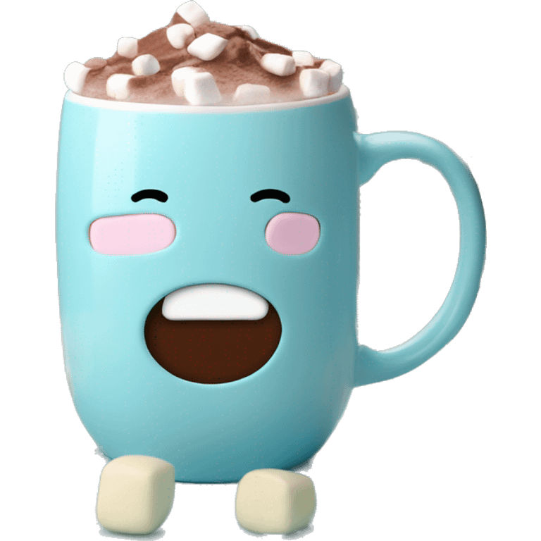 Ios-like emoji light blue pastel mug with hot chocolate inside and marshmallows  emoji