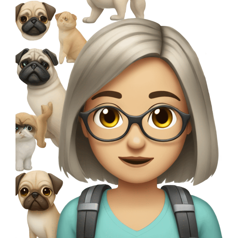 Disabled girls with a bob hair cut and pugs and kittens helping her.  emoji