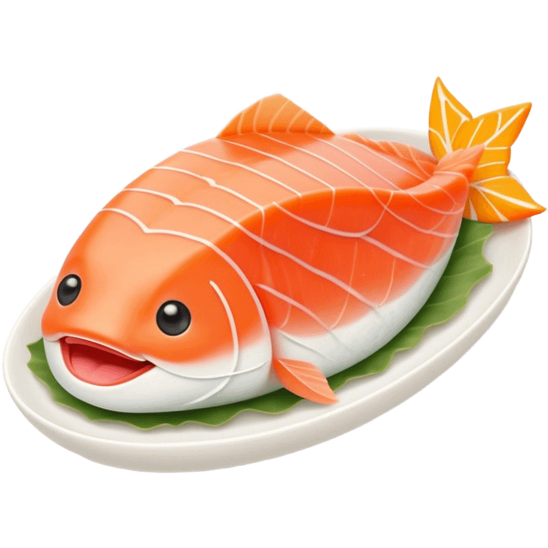 Cute Kawaii Sashimi Slice, delicate and fresh, bright orange salmon with soft pastel textures, an adorable happy face, tiny chopsticks lifting it, gentle glowing highlights! emoji