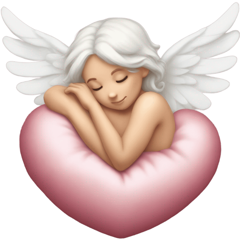 Realistic Photo of pale cupid asleep on a big cushioned heart emoji