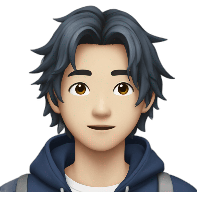 17 year old japanese guy with black slightly long hair wears silver necklace with a skateboard pendant, he's wearing a dark blue shirt with the Ω symbol in white on it emoji