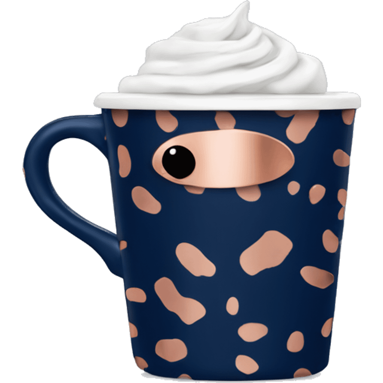 Realistic navy blue coffee cup with rose gold leopard print on it. emoji