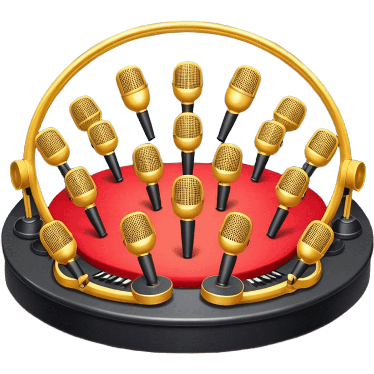 Create a vibrant and dynamic emoji that represents choral vocal performance. The design should feature 10 vintage stage microphones arranged in a semi-circle on a concert stage, symbolizing a vocal group or choir. Add musical notes flowing around the microphones to represent harmony and unity in the performance. Include concert lighting and a celebratory atmosphere to convey the excitement of live music. Use bright, bold colors like red, gold, and silver to emphasize the energy and glamour of the stage. The background should be transparent. emoji