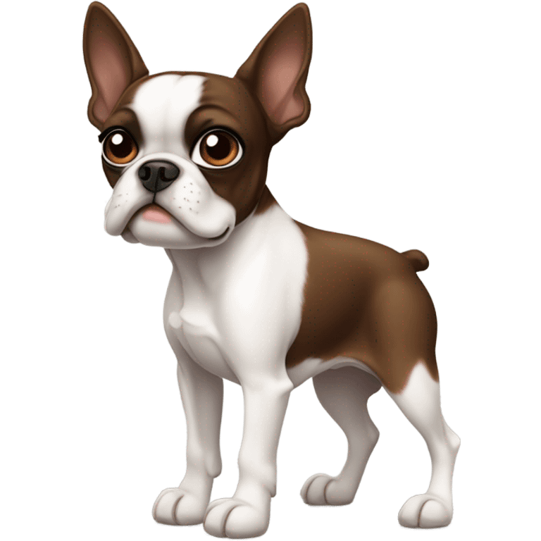 Brown and white Boston terrier with one ear pointing up and one ear pointing down emoji