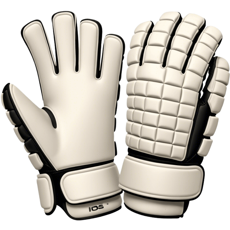 Cinematic Realistic image of goalie gloves showcasing detailed fabric textures and intricate grip patterns, rendered against a blurred goal backdrop with focused, high-contrast lighting that accentuates their essential design emoji