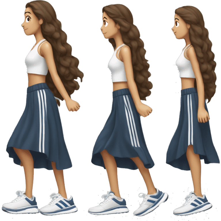 girl with long brown hair and long flowy maxi skirt and sneakers with adidas stripes, from profile,  lifting one leg backward in the air like she is striking a pose. full body emoji