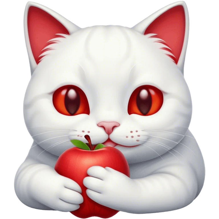 White cat smiling resting its head on and holding a red apple  emoji