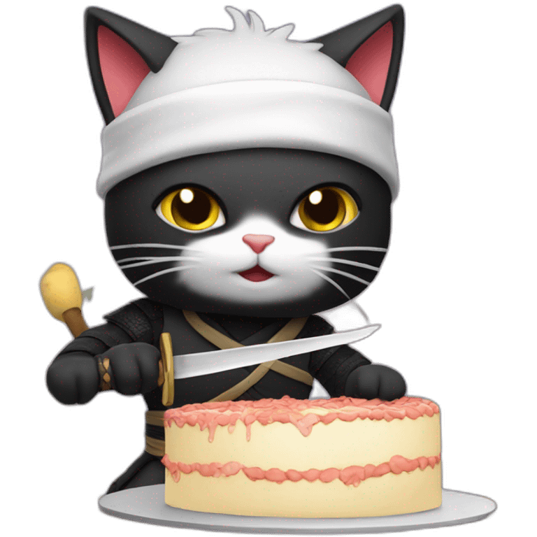 Ninja cat cuts a cake with a katana emoji