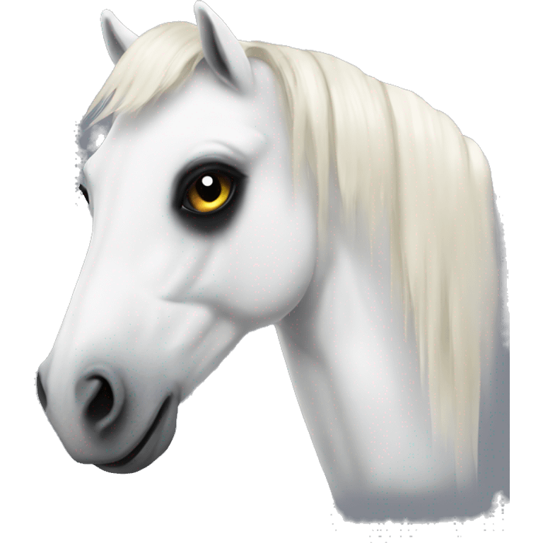 White cob pony with a black eye emoji