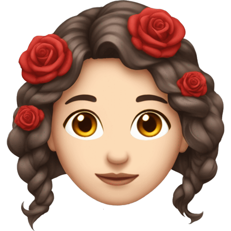 Beautiful, rose, red, flowers in hair, long dark brown hair, white fair skin emoji