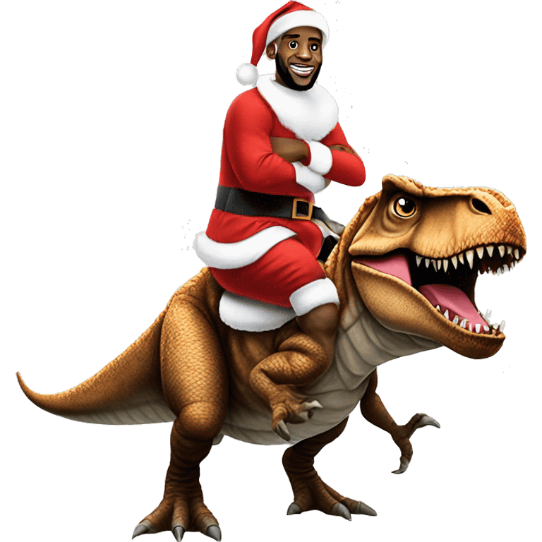 lebron james in a santa costume riding on top of a t-rex emoji