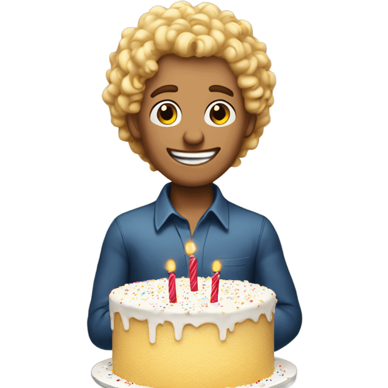 Blonde curly headed man standing over a birthday cake emoji