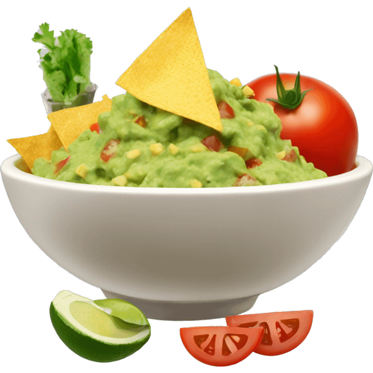 Bowl with guacamole with tomatoes, feta cheese, salt and pepper, and a side of nachos  emoji