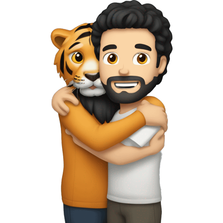 a caucasian guy with black hair and beard hugging with a tiger emoji