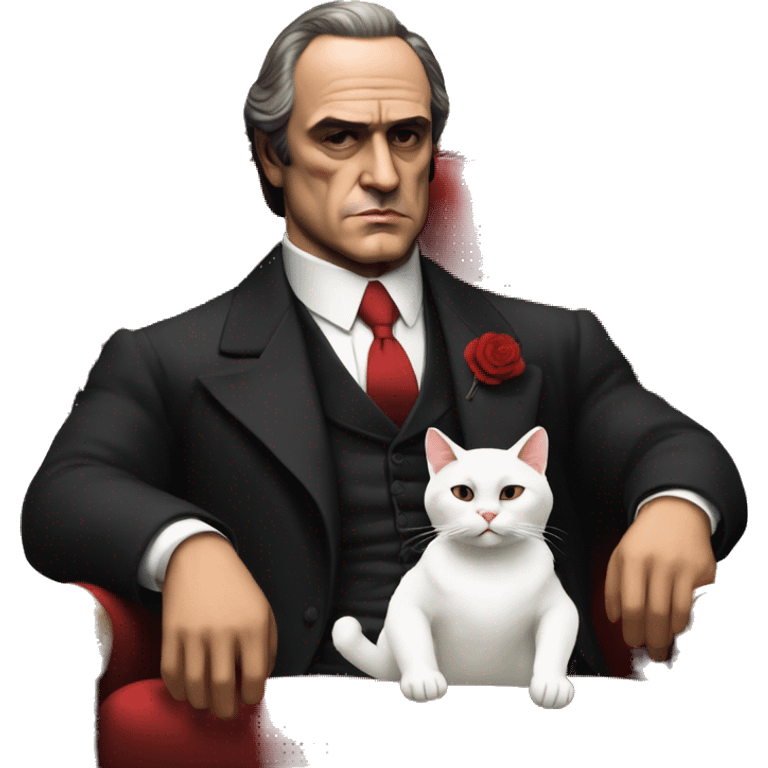 vito corleone as a mafia boss sitting on a red chair petting a white cat on his lap emoji