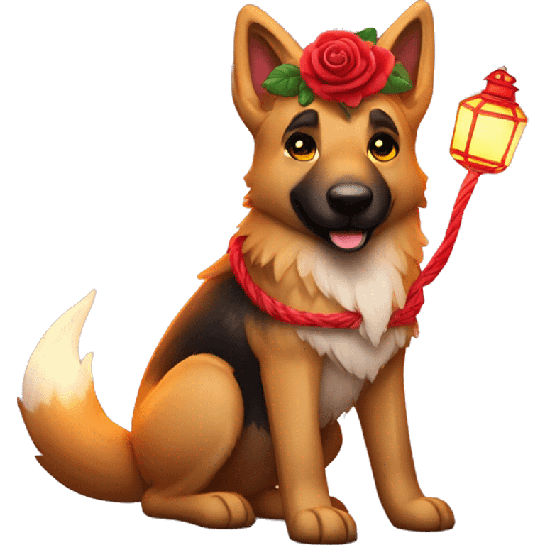 Brindled German shepherd fox carrying glowing red lantern, fairy lights, rose flower crown emoji