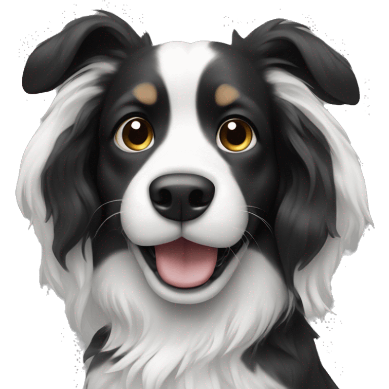 Long-haired Black and white dog waving emoji