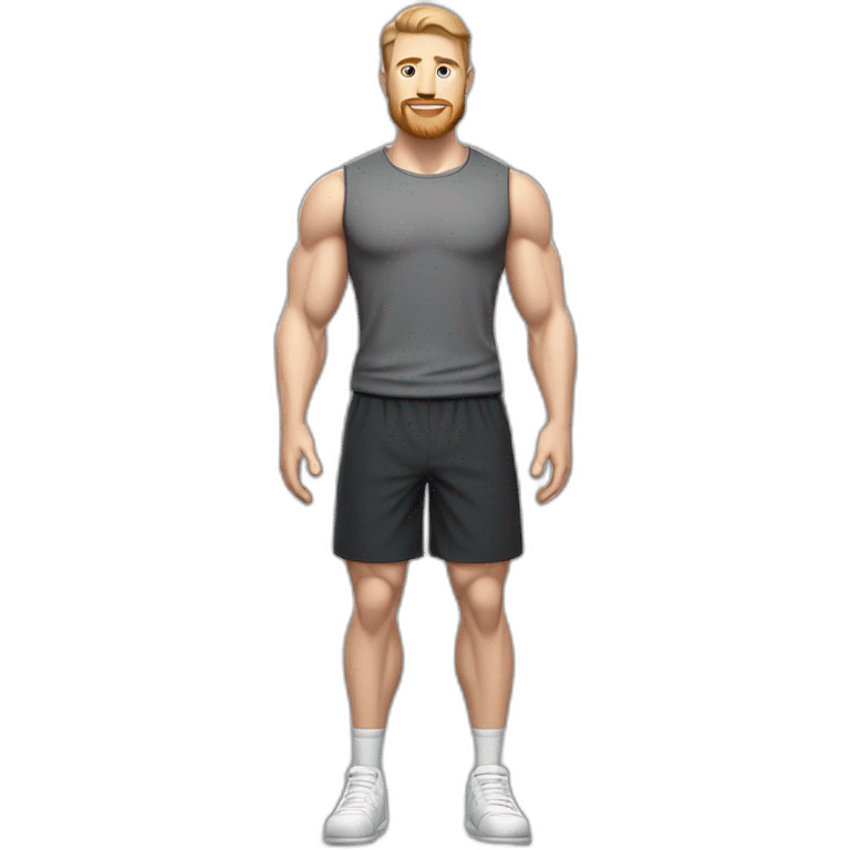 Full height Pale skinned fit man With biceps, Realistic eyes, light brown hair and very short beard In dark gray sleeveless mike, black oversize sports shorts, watch and white sneakers. emoji