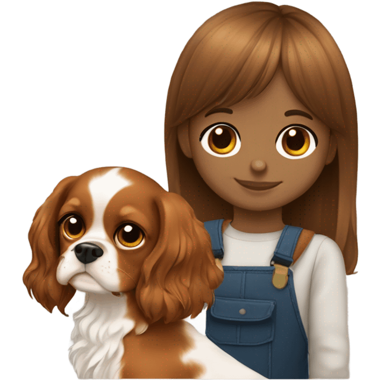 Cute kid with light brown skin and long hair and bangs with a cavalier King Charles spaniel emoji