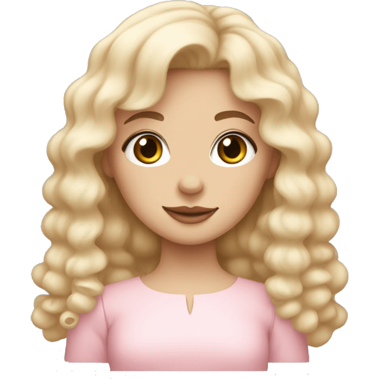 pale girl with bangs and long blonde curly hair and a pastel pink puff sleeve dress emoji