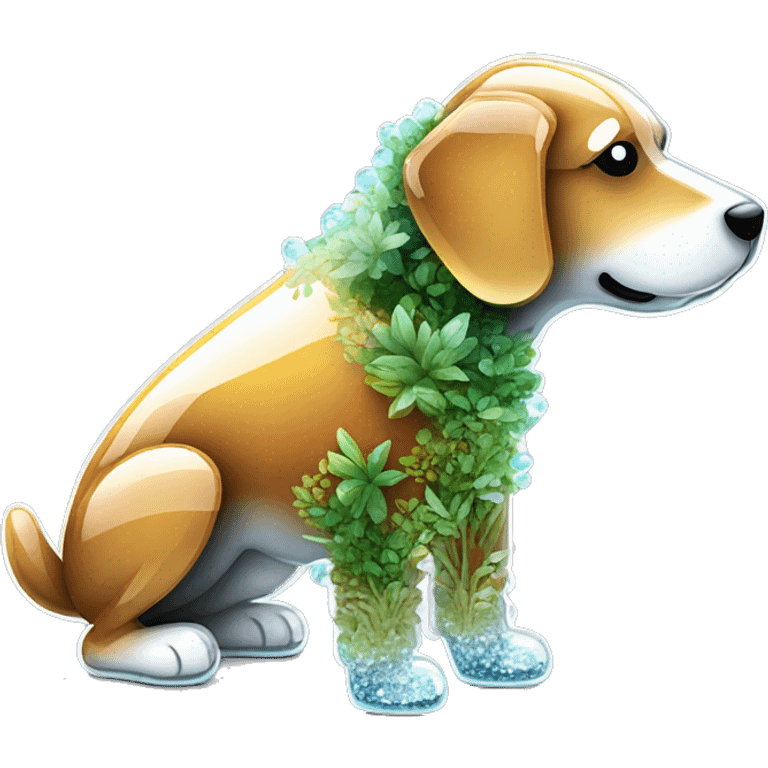 A dog made entirely of glass mirror crystals prisms glass transparent filled with plants as a terrarium emoji