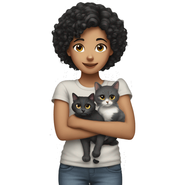 Girl with black curly hair and  gray cat emoji