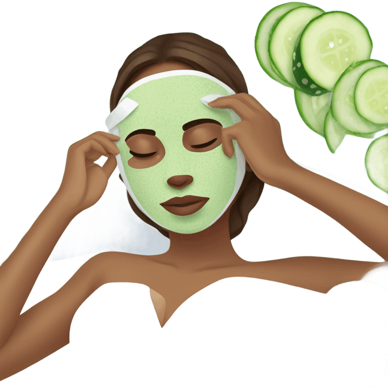 Girl with freackles Brown hair white skin and blue eyes wears Green colored texture skin care mask all over her face while She relaxes and puts two round piece of cucumber on her closed eyes In a white Robe emoji