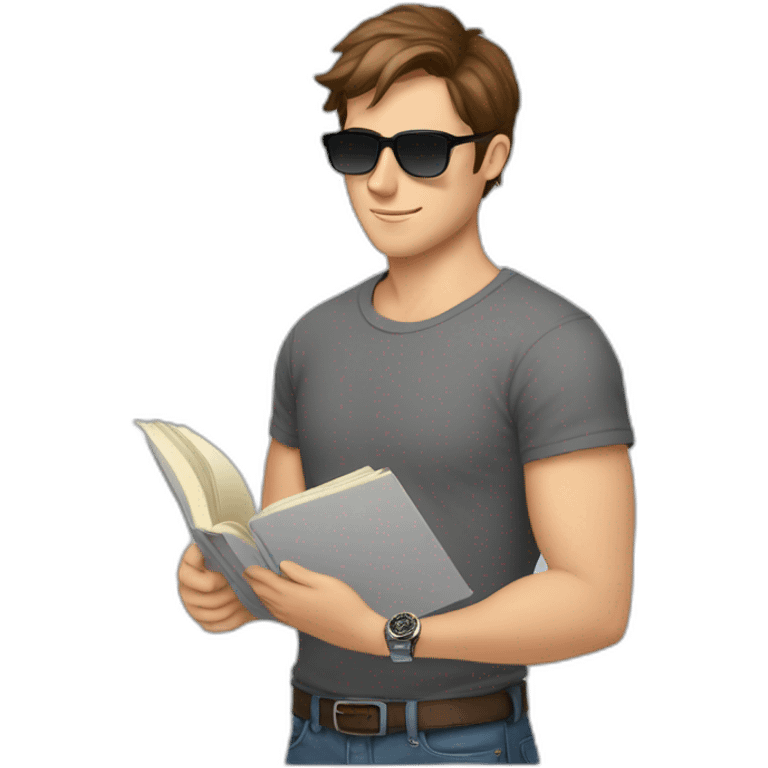 young white male with brown hair and brown eyes, wearing grey T-shirt, having pilot sunglasses, while reading Old Book and having silver rolex on whrist emoji