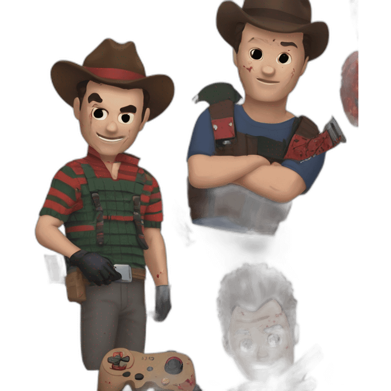 Freddy Krueger and Ash Williams and Jason Voorhees playing a video game emoji