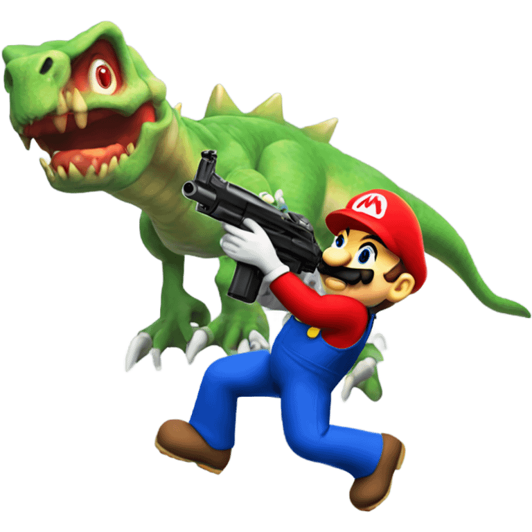 Cyborg Mario shooting at dinosaur aliens  emoji