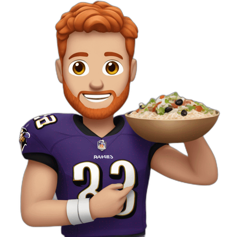 a red haired young man in a ravens jersey eating a chipotle burrito bowl emoji