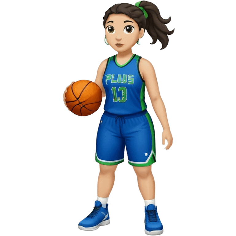 full body plus size light skin  latino women basketball player with wavy dark hair in pony tail wide nose wearing blue uniform with green accent emoji