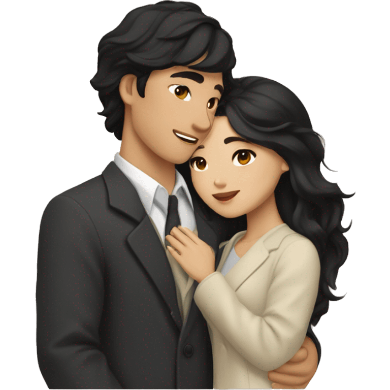 A half pale Asian man with short dark hair and amber eyes embracing and loving a half Asian woman with long wavy dark hair and dark hazel eyes. They love each other a lot And have good fashion taste. emoji