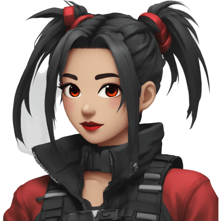 Gorgeous techwear anime style lady with blushing face aesthetic and pretty edgy black red punk messy ponytail with collar and harness trending style emoji