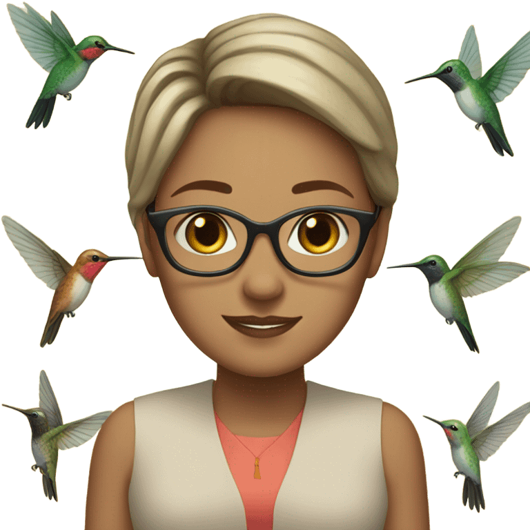 White girl  , brunette, with short hair, wearing glasses with a hummingbird next to her emoji