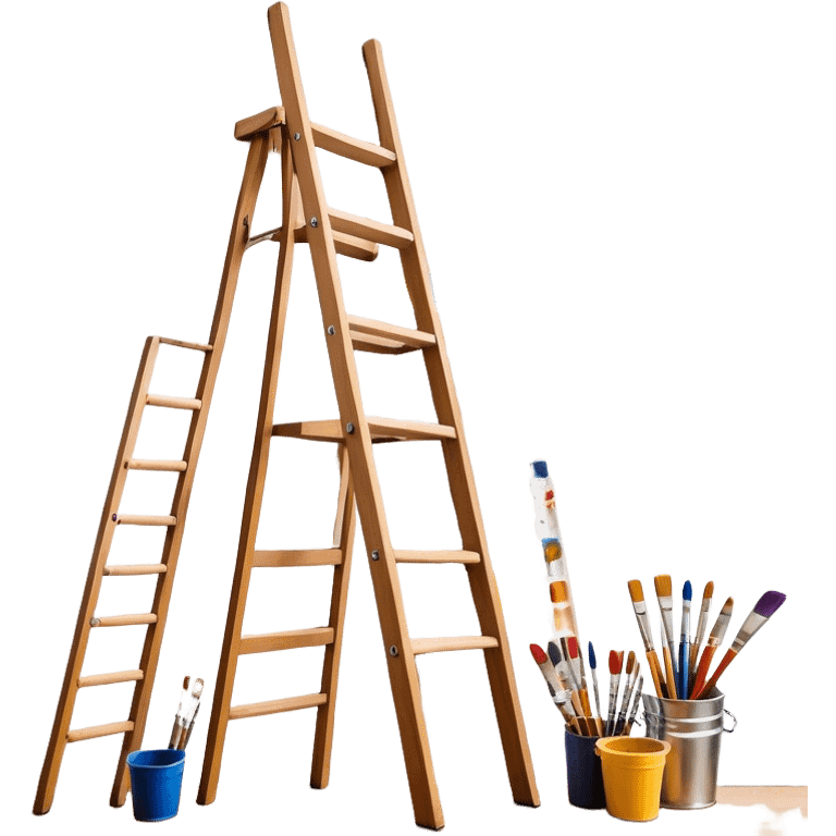 Wall painting icon, hand-painted mural on a wall, visible paintbrushes, paint pots, and ladder, a beautiful picture in progress on the wall, intricate patterns or designs, minimalistic style, clean lines, transparent background. emoji