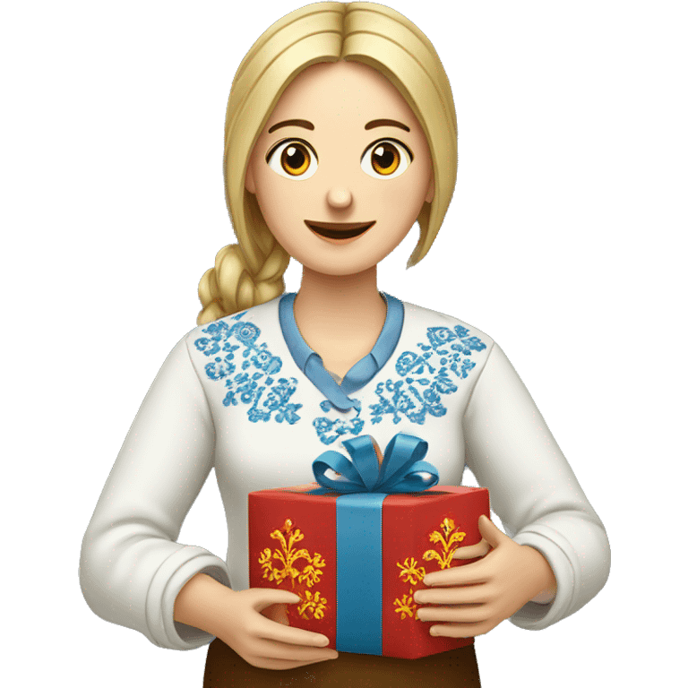 A female teacher in Ukrainian embroidery holds a gift in her hand emoji