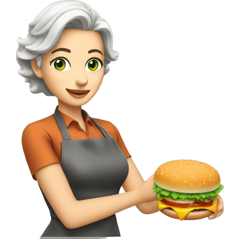 blonde gray-haired cook with green eyes making burger emoji